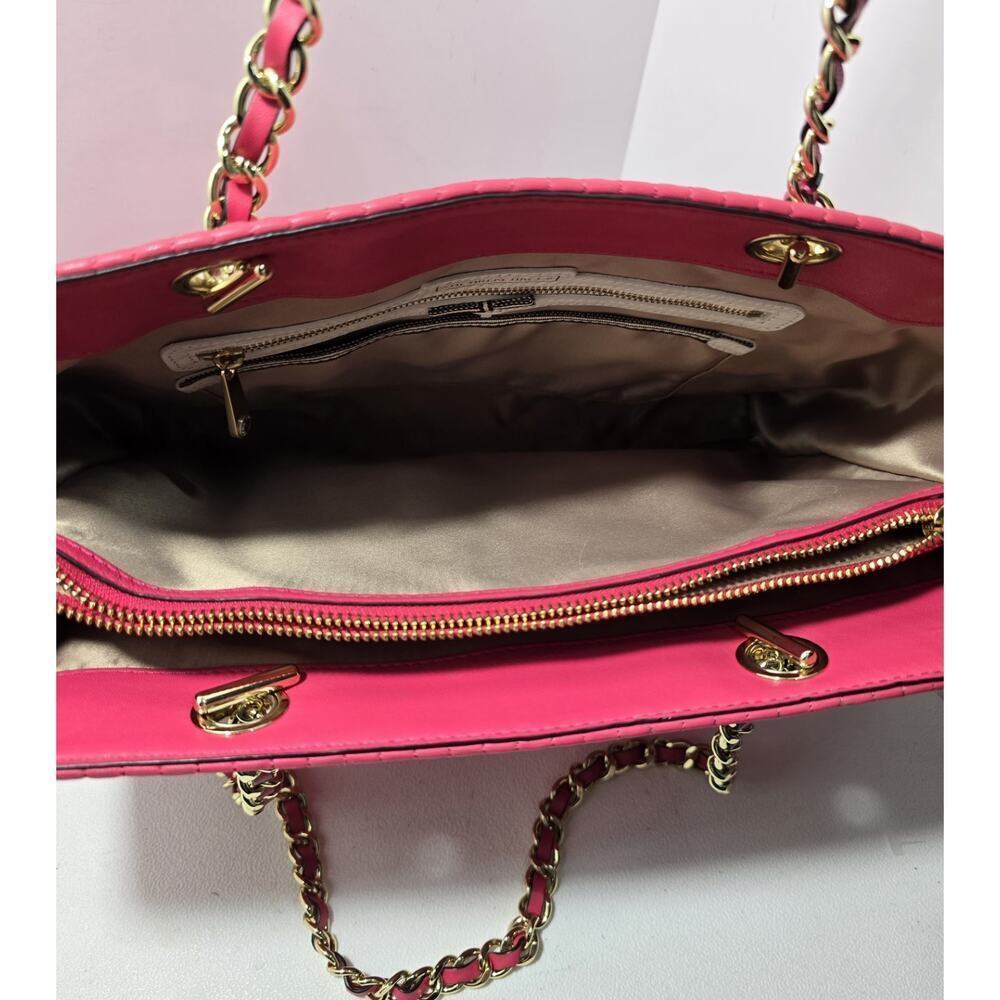 Henri Bendel No 7 Hot Pink Leather Tote Bag Quilted Vertical Chain East West - Picture 15 of 16